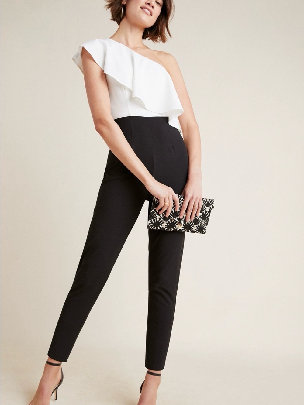 Hutch Black & White One-Shoulder Ruffle Jumpsuit